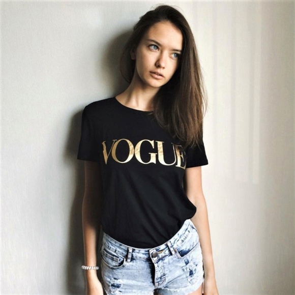 VOGUE Gold Print Black Tee Shirt Crew Neck - Picture 3 of 8